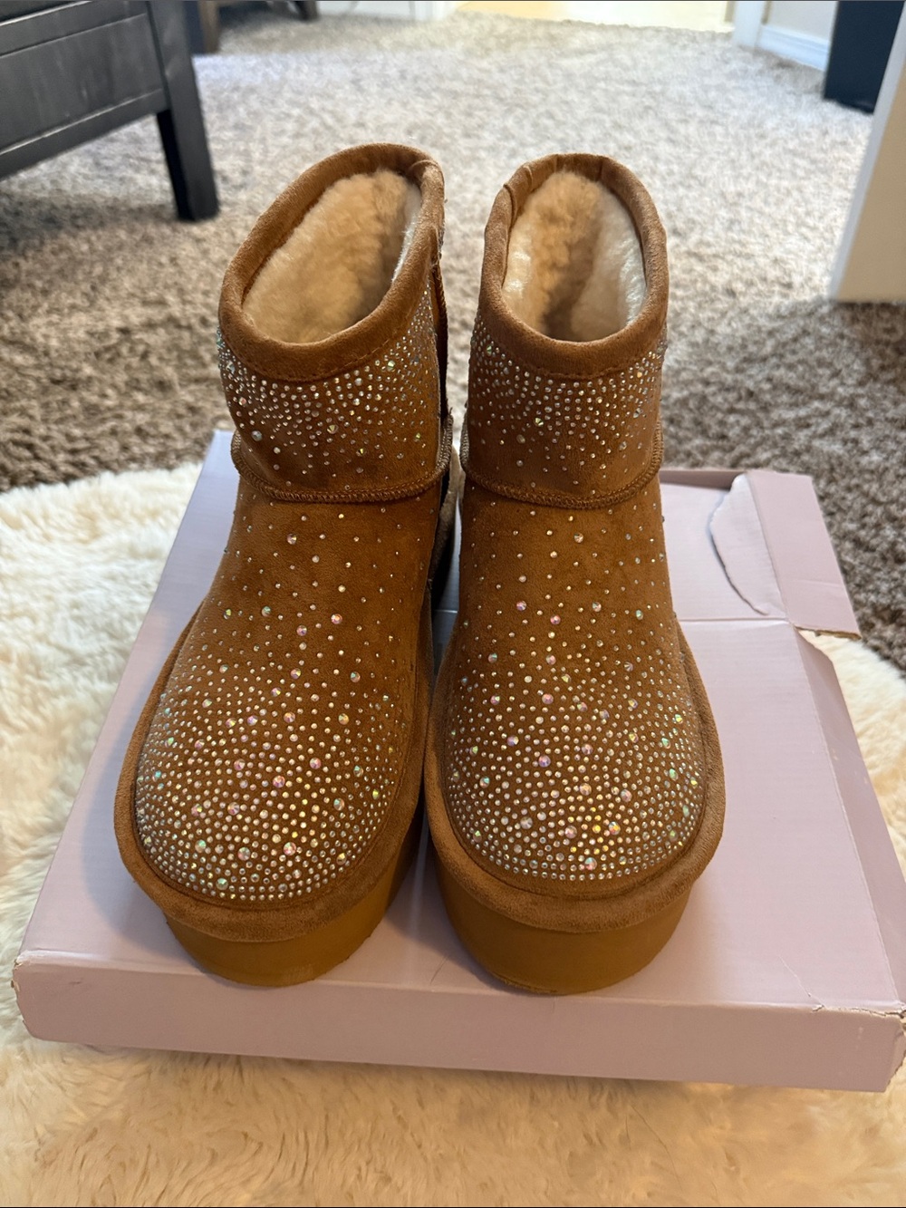 Madden Girl Chestnut Crystal-Embellished Cozy Short Boots